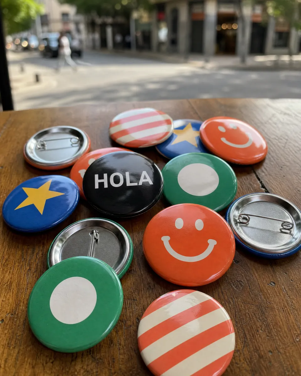 Botones publicitarios con impresión brillante en colores, algunos dados vuelta mostrando el alfiler