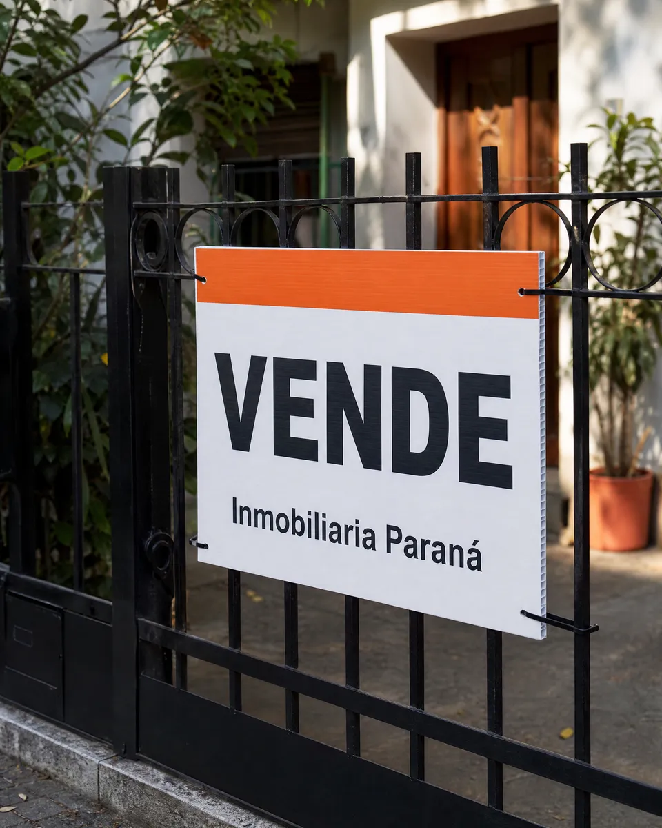 Cartel de corrugado plástico de una inmobiliaria con la palabra Vende, sujeto a la reja de una casa