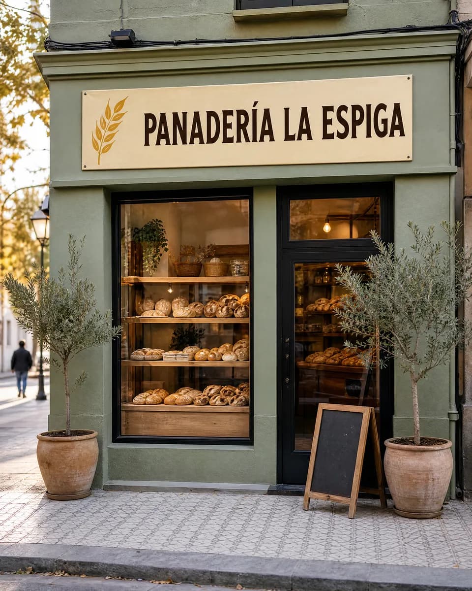 Cartel impreso montado al ras sobre la pared, en el frente de una panadería de barrio