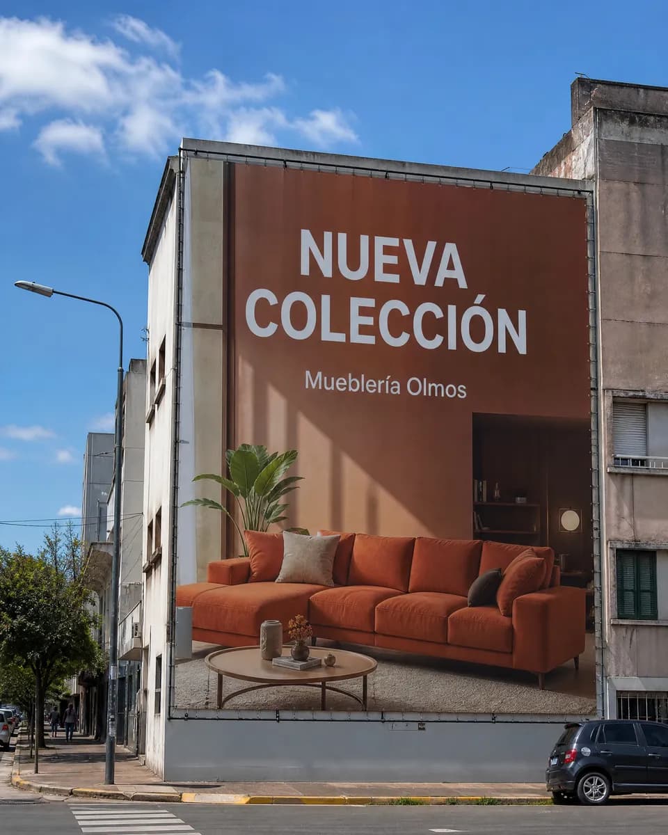 Gigantografía de lona tensada sobre la medianera de un edificio con la publicidad de una mueblería