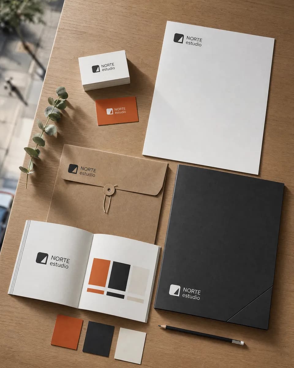Identidad visual impresa: tarjetas, hoja membretada, sobre, carpeta y manual de marca con su paleta de colores
