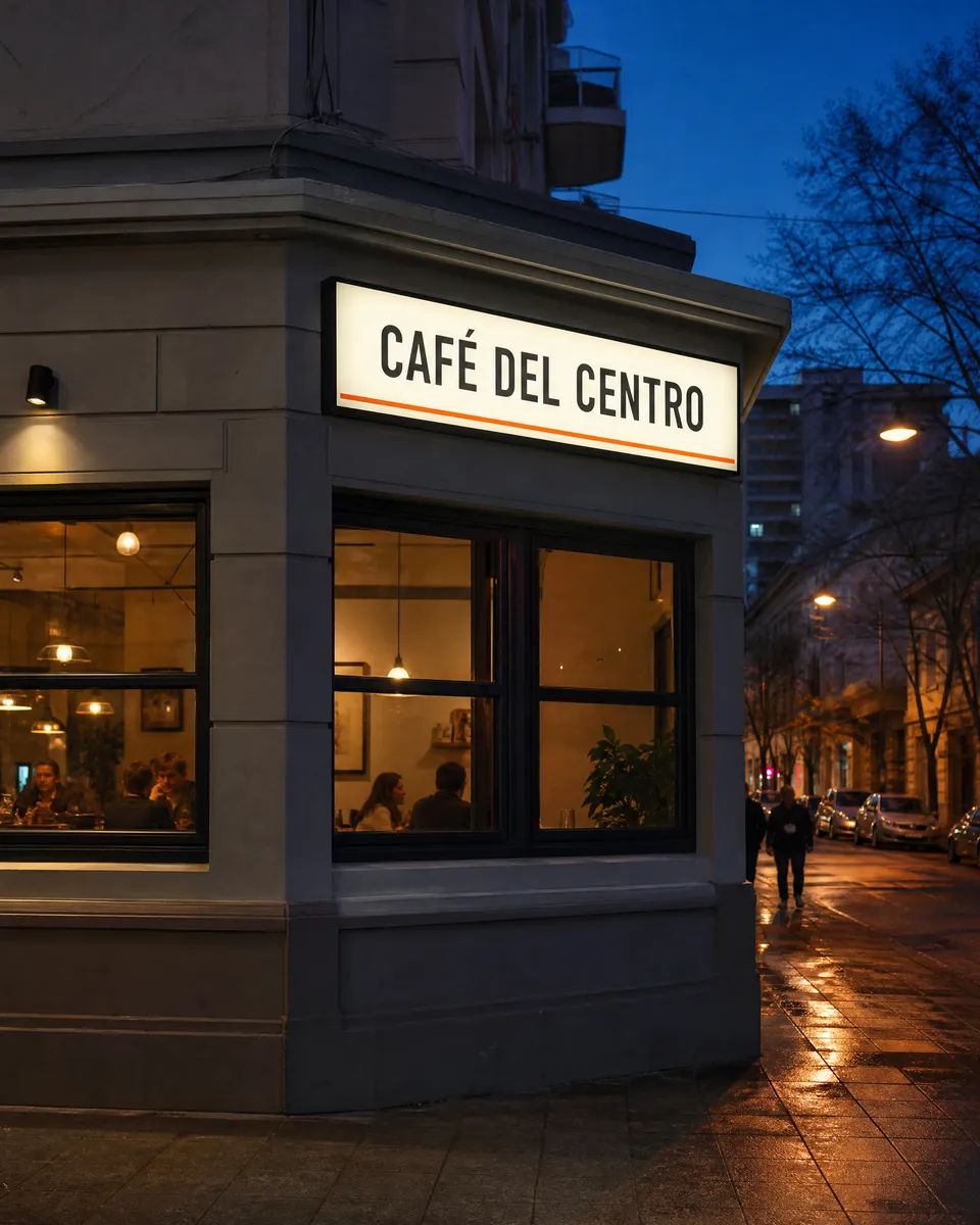Caja de luz LED encendida en la esquina de un café al anochecer