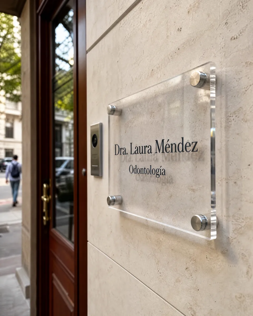 Placa de acrílico transparente con separadores de acero en la entrada de un consultorio odontológico