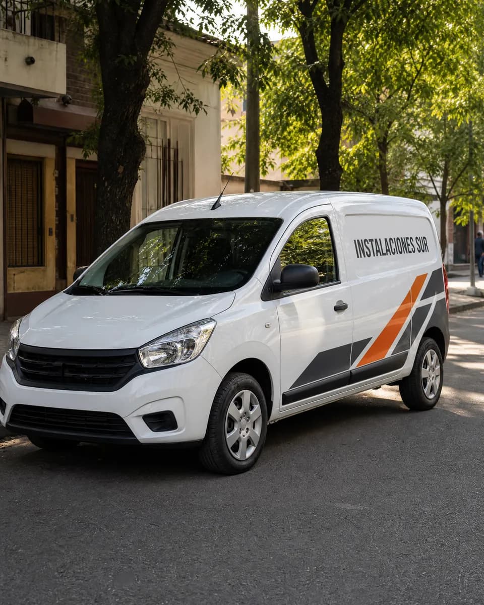 Utilitario blanco rotulado con vinilos de corte naranja y gris de una empresa de instalaciones